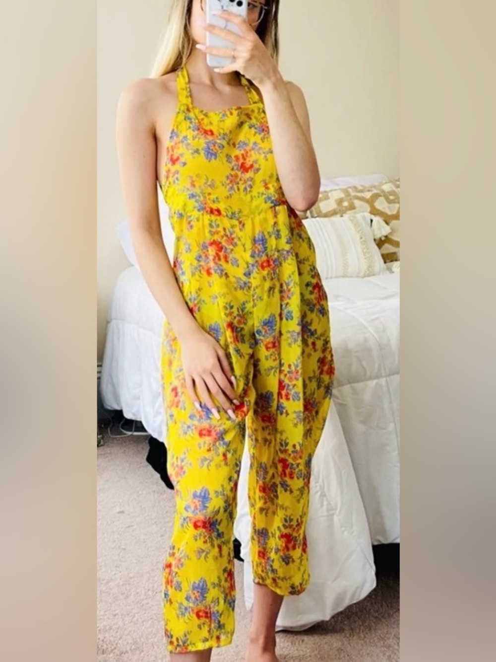 UO KIMCHI BLUE Sheer Baggy Wide-Leg Ankle Jumpsuit Multi Yellow Floral Women's S
